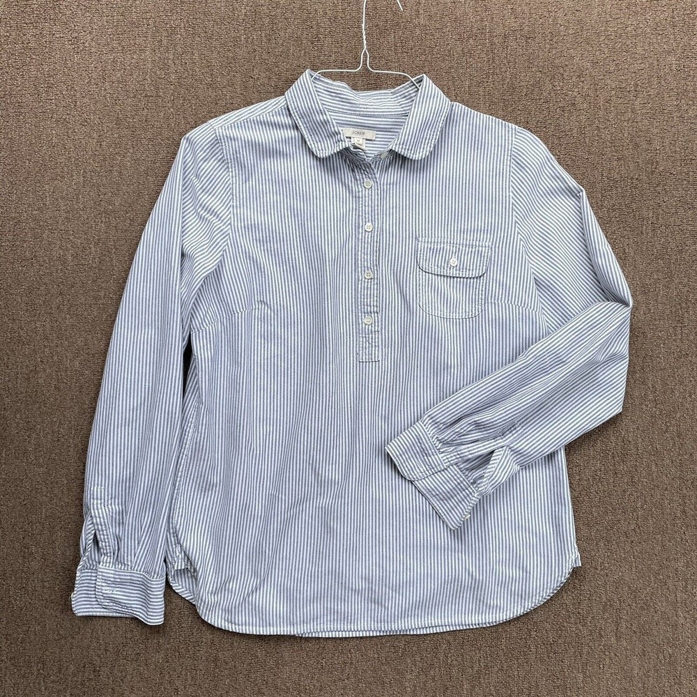 j crew 3/4 button down striped gray white collared long sleeve med